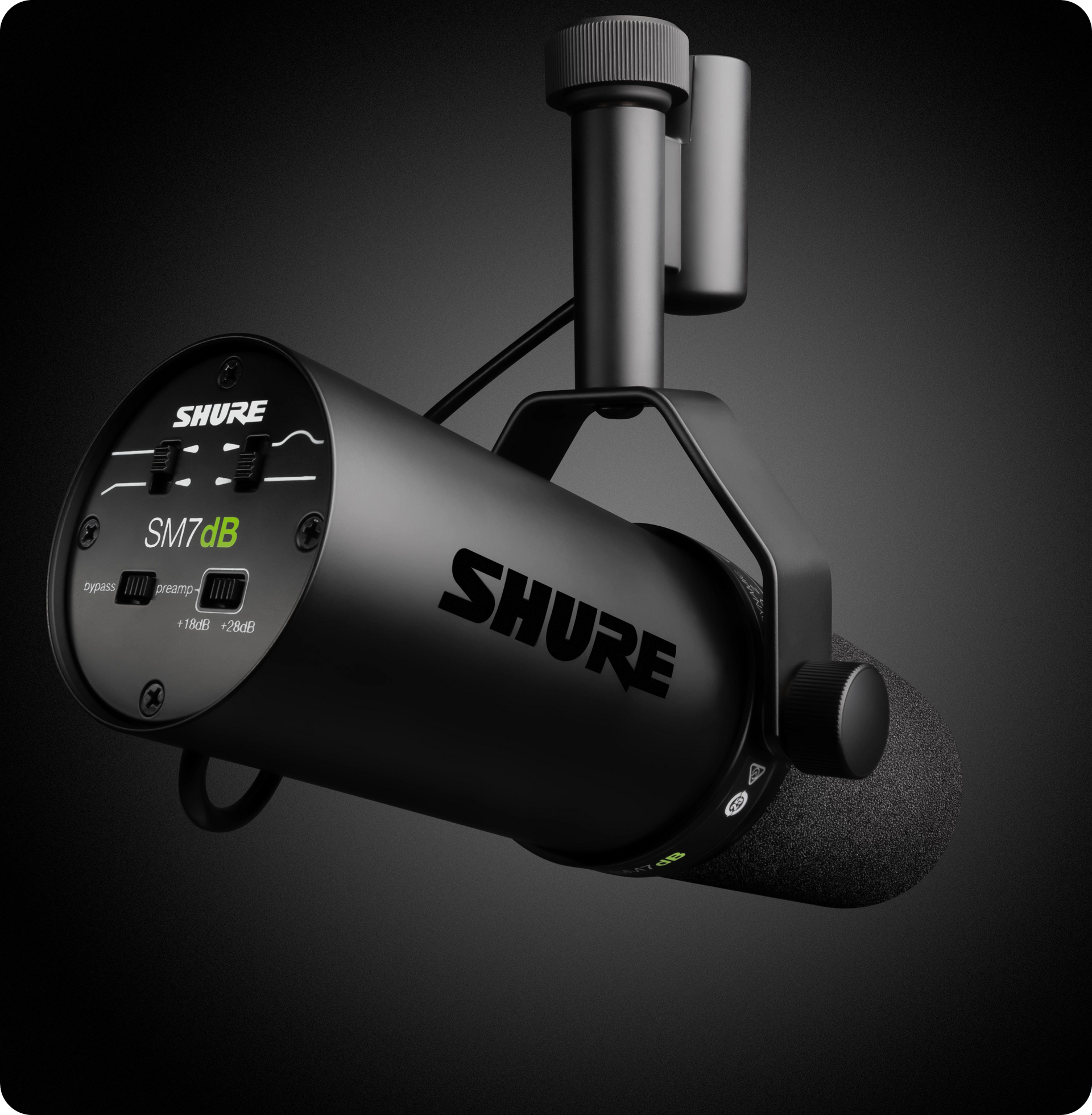 Shure SM7dB dynamic cardioid microphone with built-in preamp for podcasting, streaming, and professional vocal recording; ideal microphone for studio setups with low-noise, high-gain audio capture, delivering rich, broadcast-quality sound.