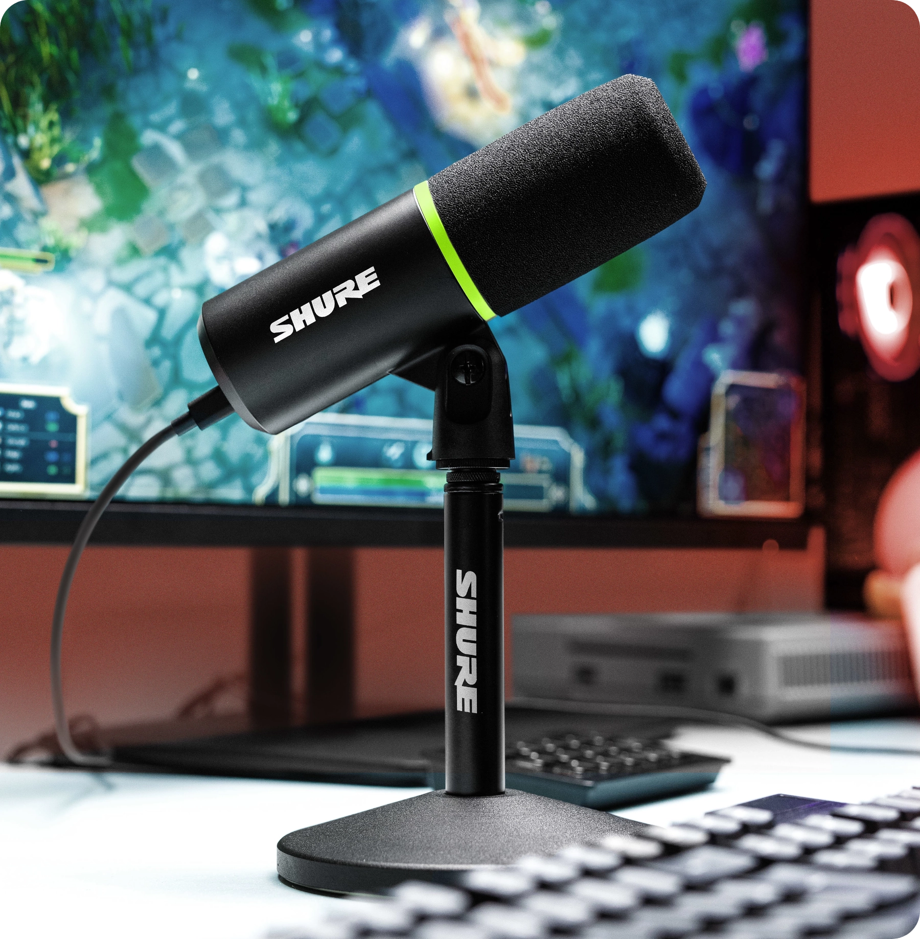 Shure MV6 USB microphone for podcasting, streaming, and music recording, featuring crystal-clear sound quality, adjustable gain control, and headphone monitoring; ideal professional microphone for home studio setups and content creators.