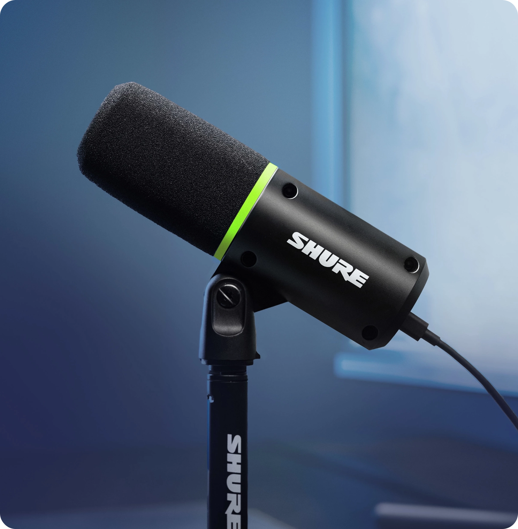 Shure MV6 USB microphone for podcasting, streaming, and music recording, featuring crystal-clear sound quality, adjustable gain control, and headphone monitoring; ideal professional microphone for home studio setups and content creators.