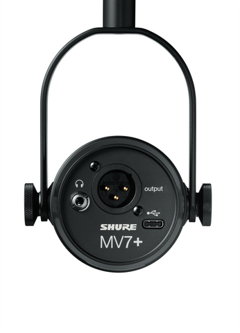 Shure MV7+ USB/XLR hybrid microphone for podcasting, streaming, and vocal recording; professional dynamic mic with adjustable gain, built-in headphone monitoring, and voice-isolation technology for clear, high-quality audio in home studio setups.