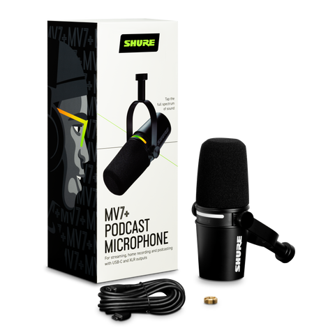 Shure MV7+ USB/XLR hybrid microphone for podcasting, streaming, and vocal recording; professional dynamic mic with adjustable gain, built-in headphone monitoring, and voice-isolation technology for clear, high-quality audio in home studio setups.