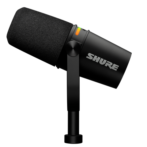 Shure MV7+ USB/XLR hybrid microphone for podcasting, streaming, and vocal recording; professional dynamic mic with adjustable gain, built-in headphone monitoring, and voice-isolation technology for clear, high-quality audio in home studio setups.