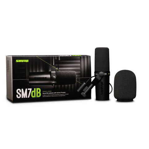 Shure SM7dB dynamic cardioid microphone with built-in preamp, ideal for professional podcasting, vocal recording, and streaming; captures rich, natural sound with reduced noise, perfect for studio and home recording setups.